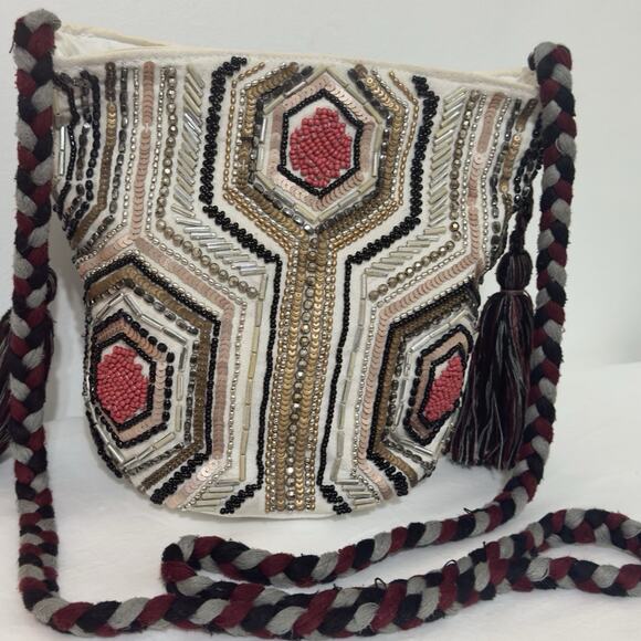 Sam Edelman Women’s Beaded Shoulder Bag – Multicolor Geometric Chic Boho - Picture 2 of 15